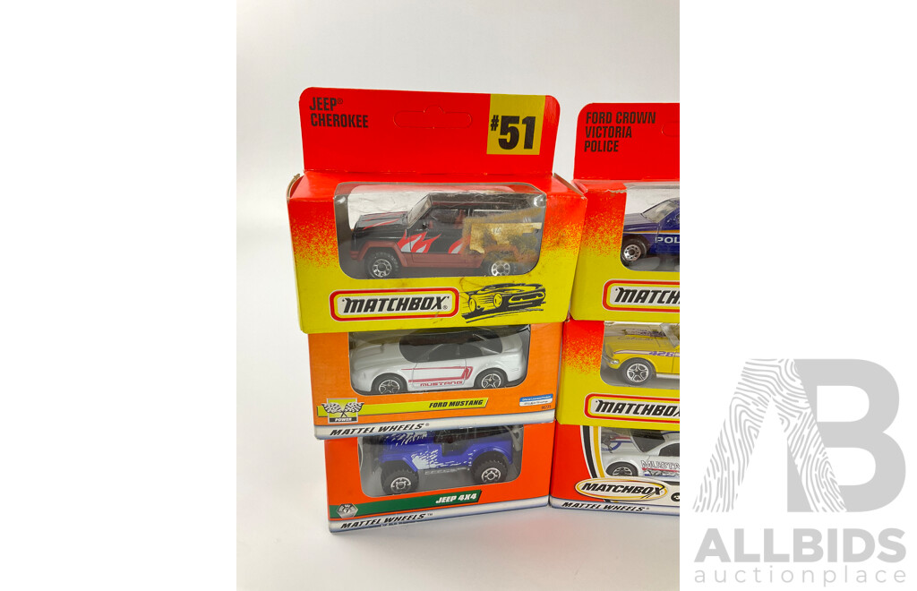 Collection of 1990's Matchbox Vehicles Including 1970 Boss Mustang, Ford Falcon, Jeep 4X4 and More