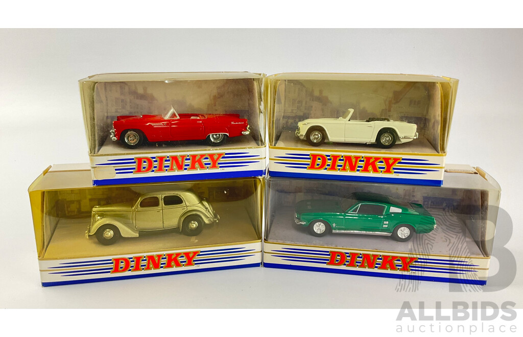 Four Matchbox Dinky Diecast Vehicles Including 1955 Ford Thunderbird, 1965 Triumph TR4, 1950 Ford V8 Pilot and 1967 Ford Mustang Fast Back - 1:43 Scale