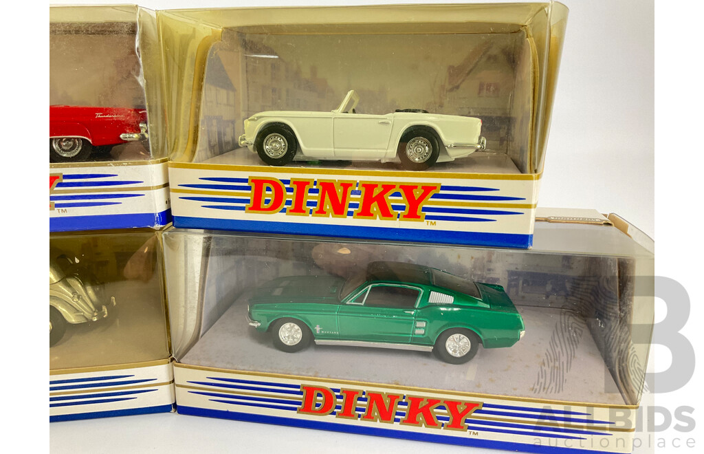 Four Matchbox Dinky Diecast Vehicles Including 1955 Ford Thunderbird, 1965 Triumph TR4, 1950 Ford V8 Pilot and 1967 Ford Mustang Fast Back - 1:43 Scale