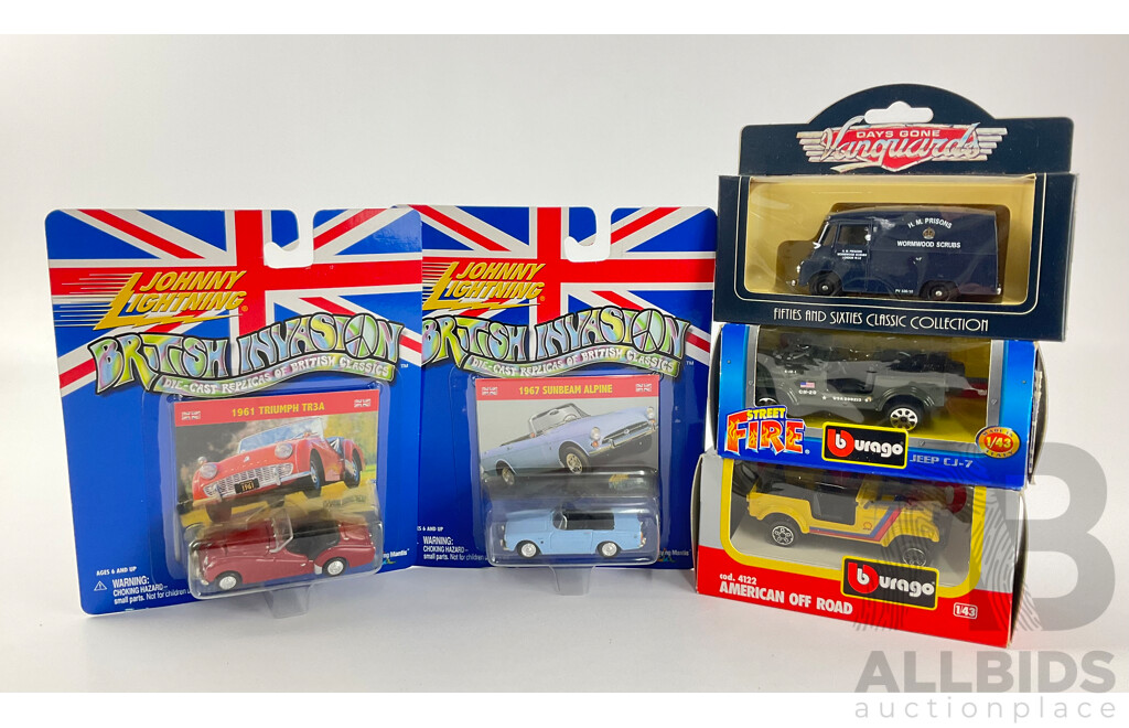 Johnny Lightning British Invasion Die Cast Triumph and Sunbeam, Burago Jeeps and Days Gone Morris Van