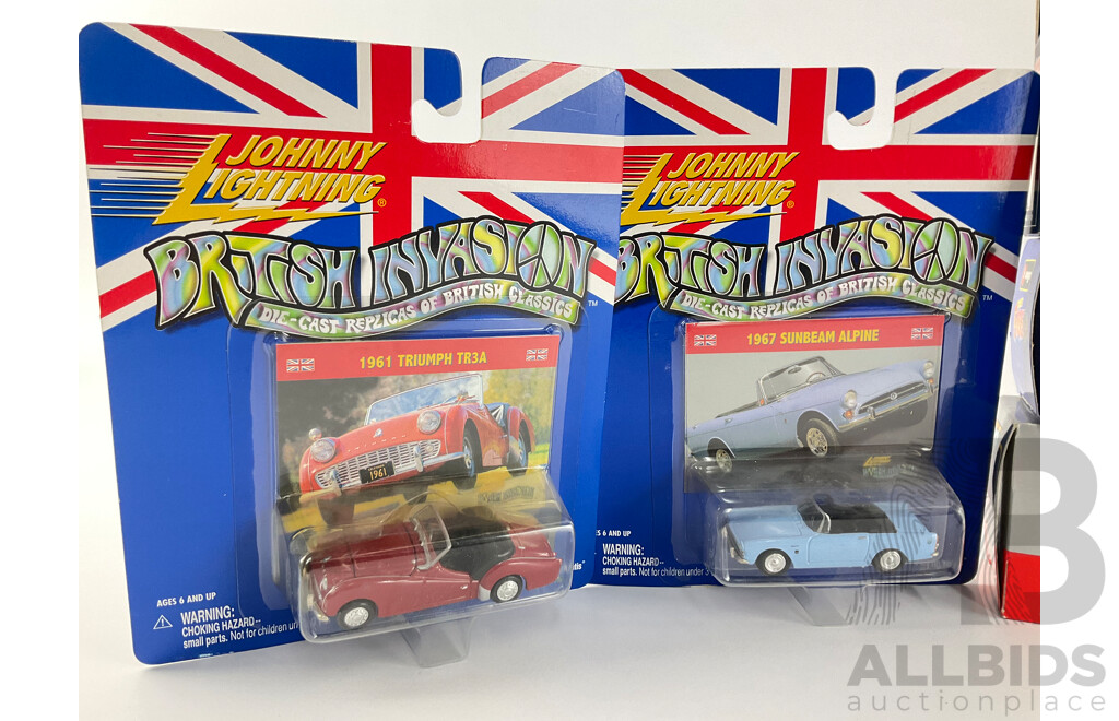 Johnny Lightning British Invasion Die Cast Triumph and Sunbeam, Burago Jeeps and Days Gone Morris Van