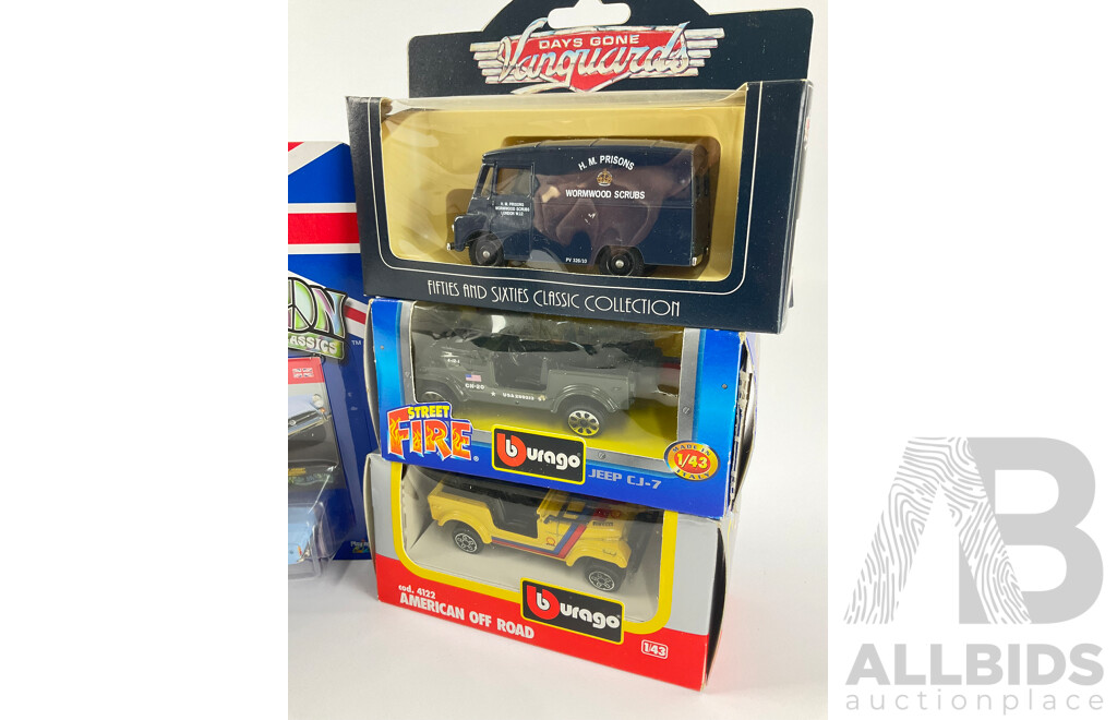 Johnny Lightning British Invasion Die Cast Triumph and Sunbeam, Burago Jeeps and Days Gone Morris Van