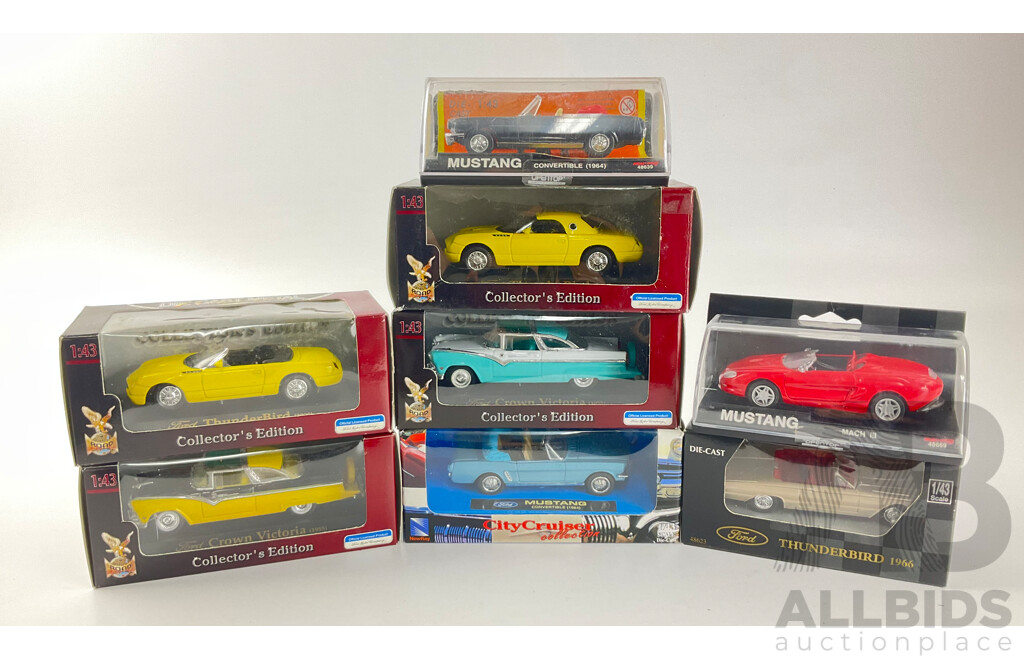 Collection of Diecast Ford Thunder Birds, Mustangs and Crown Victoria Including Newray and Road Signiture - 1:43 Scale