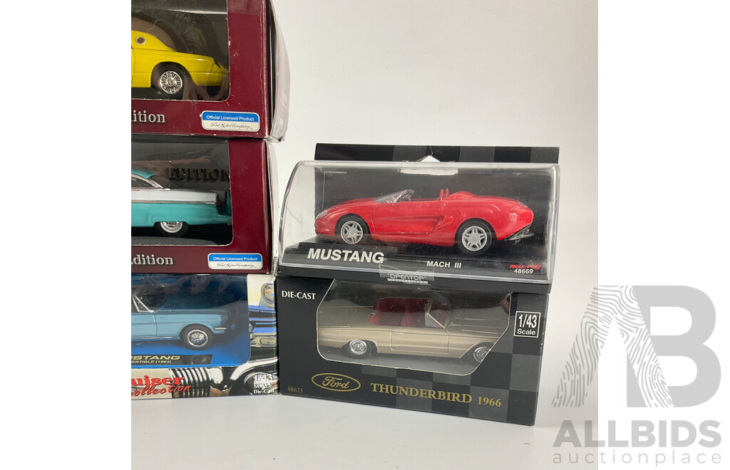 Collection of Diecast Ford Thunder Birds, Mustangs and Crown Victoria Including Newray and Road Signiture - 1:43 Scale