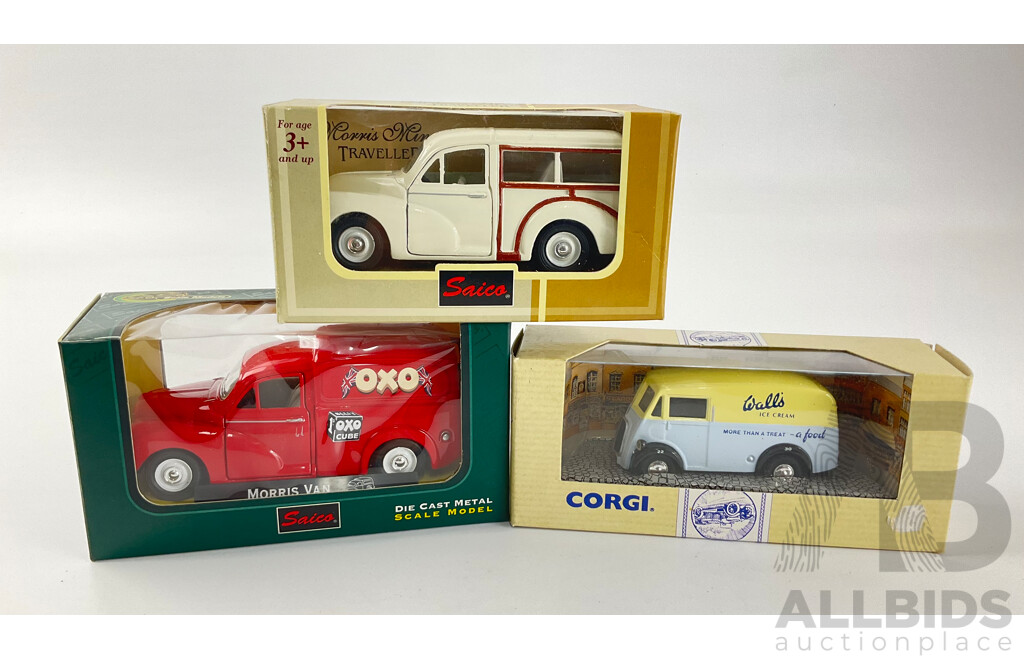 Three Diecast Morris Vehicles Including Saico Morris Minor Travellers and Corgi Morris J Van