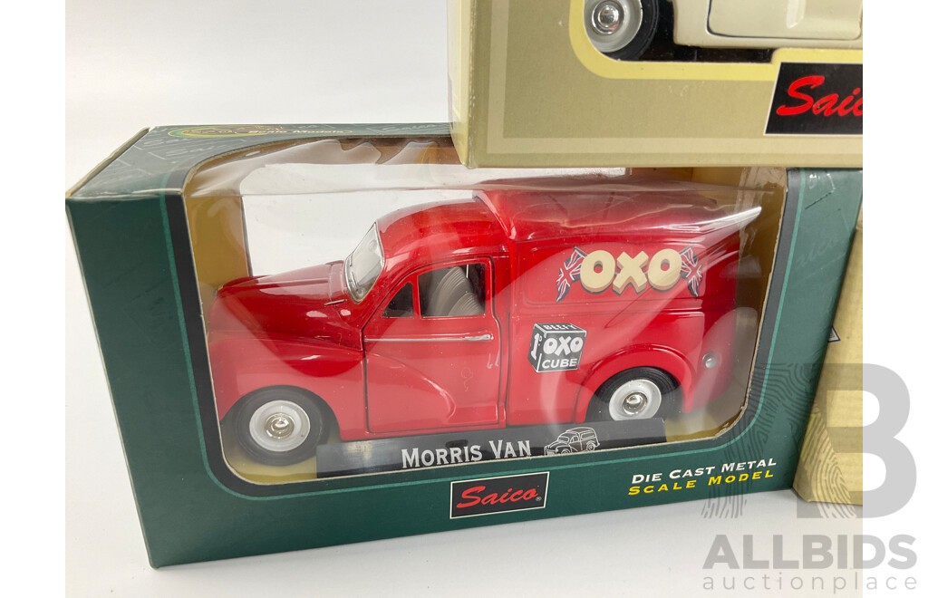 Three Diecast Morris Vehicles Including Saico Morris Minor Travellers and Corgi Morris J Van