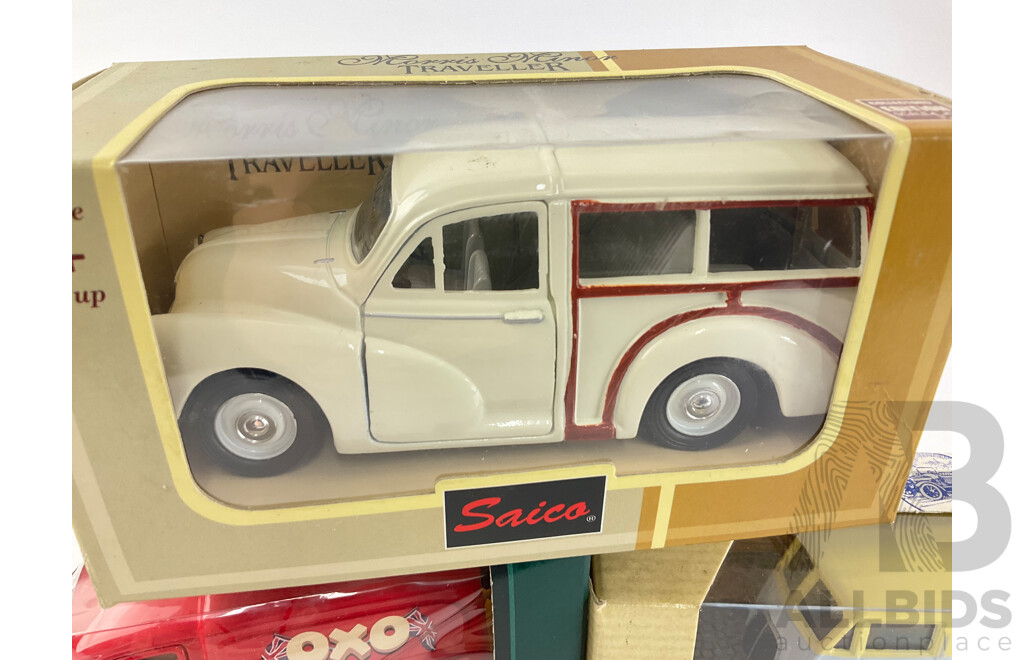 Three Diecast Morris Vehicles Including Saico Morris Minor Travellers and Corgi Morris J Van