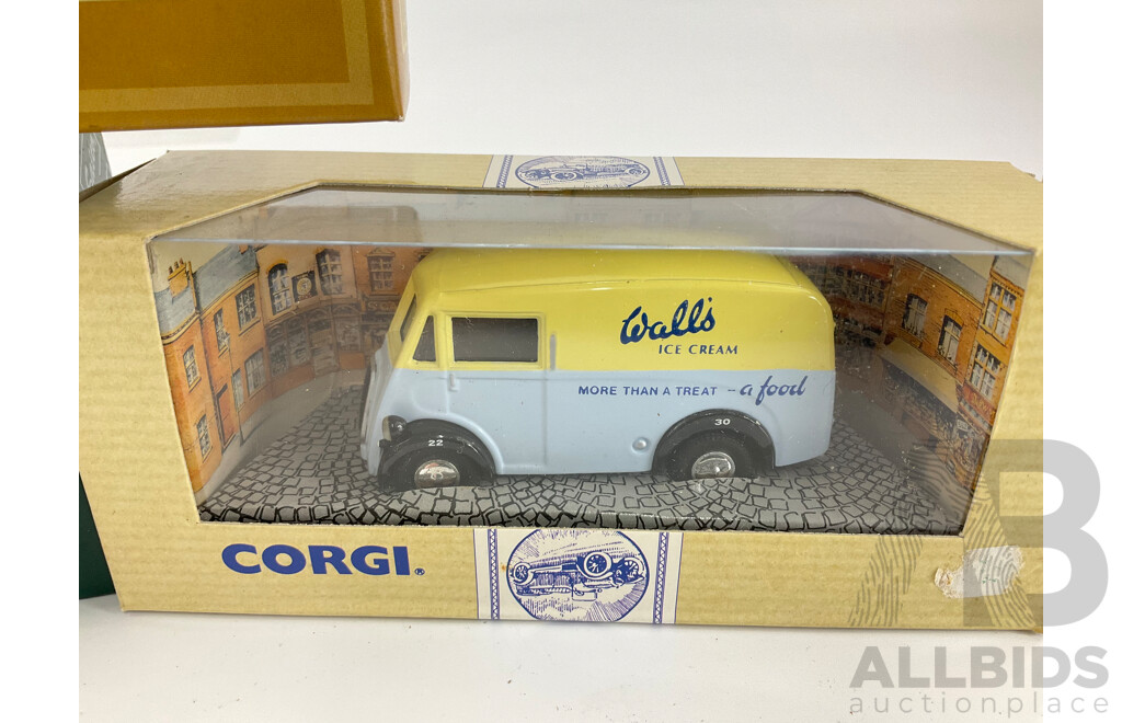 Three Diecast Morris Vehicles Including Saico Morris Minor Travellers and Corgi Morris J Van