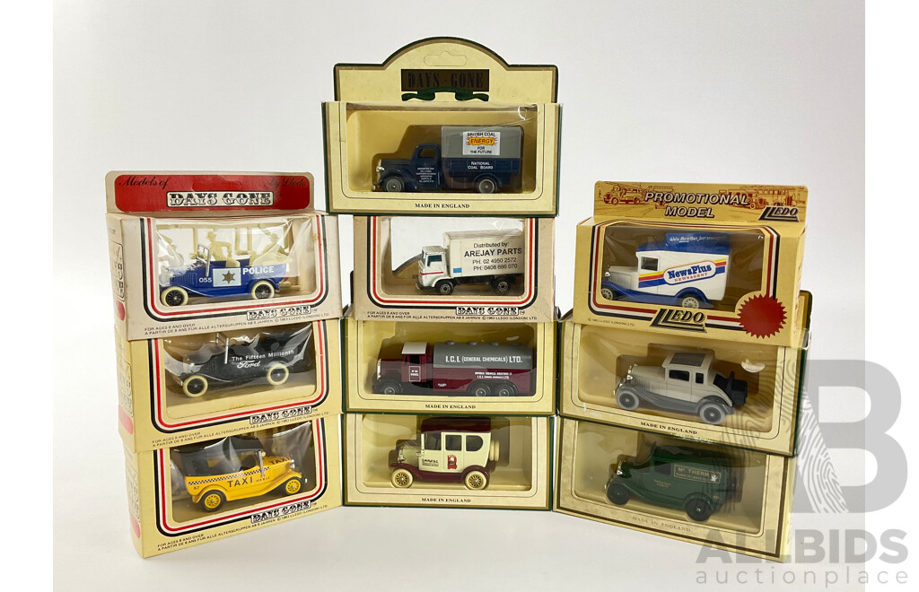Ten Boxed Llado Days Gone Model Trucks and Service Cars Including General Chemicals, British Coal, Police, Taxi and More