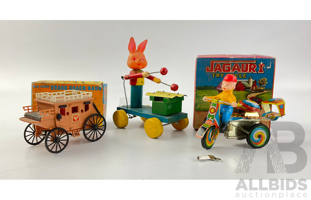 Collection of Vintage Toys Including Xylophone Rabbit, Made in Japan, Jaguri Pressed Steel Try Cycle and Old West Stage Coach, Both with Boxes