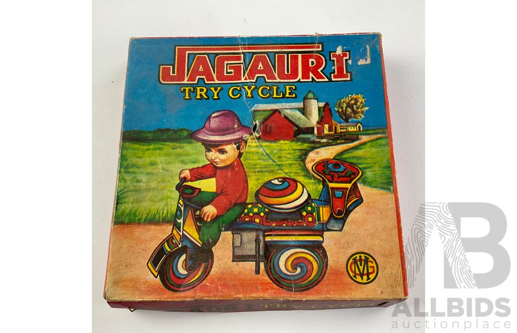 Collection of Vintage Toys Including Xylophone Rabbit, Made in Japan, Jaguri Pressed Steel Try Cycle and Old West Stage Coach, Both with Boxes