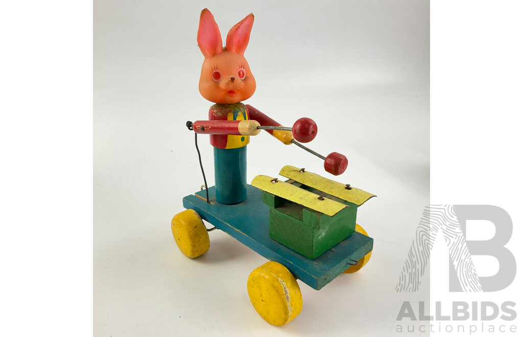 Collection of Vintage Toys Including Xylophone Rabbit, Made in Japan, Jaguri Pressed Steel Try Cycle and Old West Stage Coach, Both with Boxes