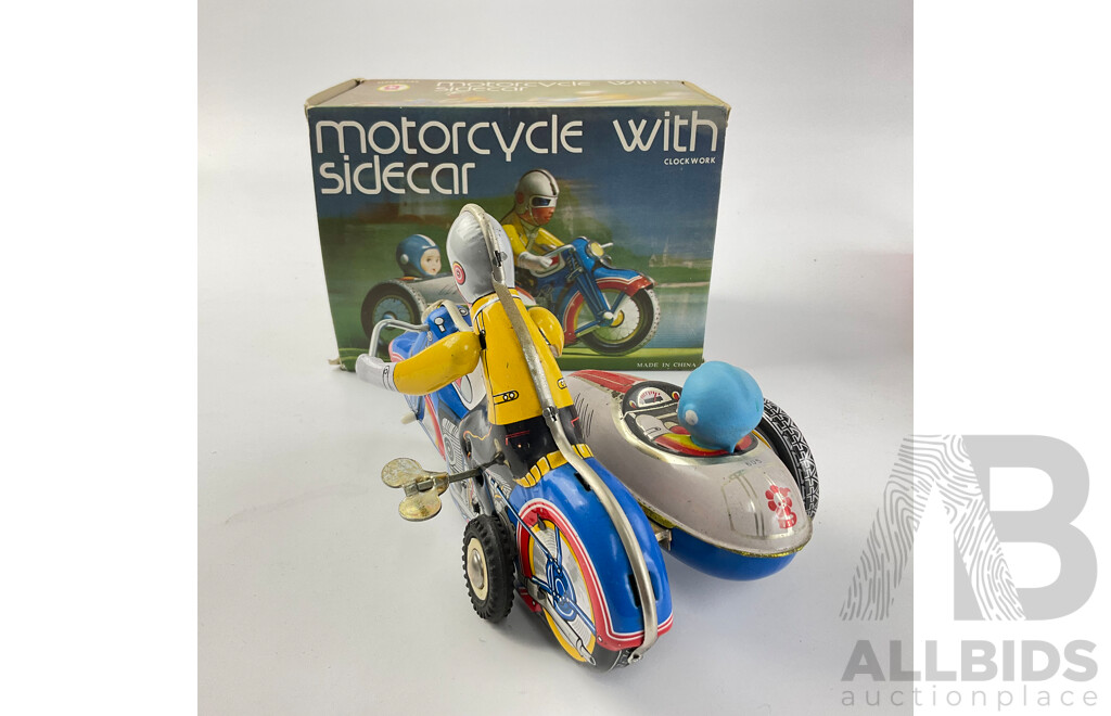 Vintage Pressed Steel Motorcycle with Sidecar, Clock Work with Original Box, Made in China