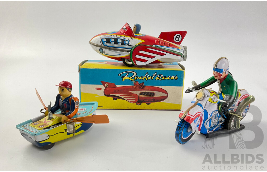 Three Vintage Pressed Steel Toys Including Rocket Racer, Clock Work Row Boat and Motorcycle with Original Boxes, Made in China