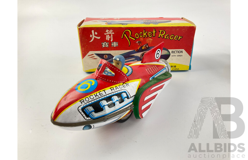 Three Vintage Pressed Steel Toys Including Rocket Racer, Clock Work Row Boat and Motorcycle with Original Boxes, Made in China