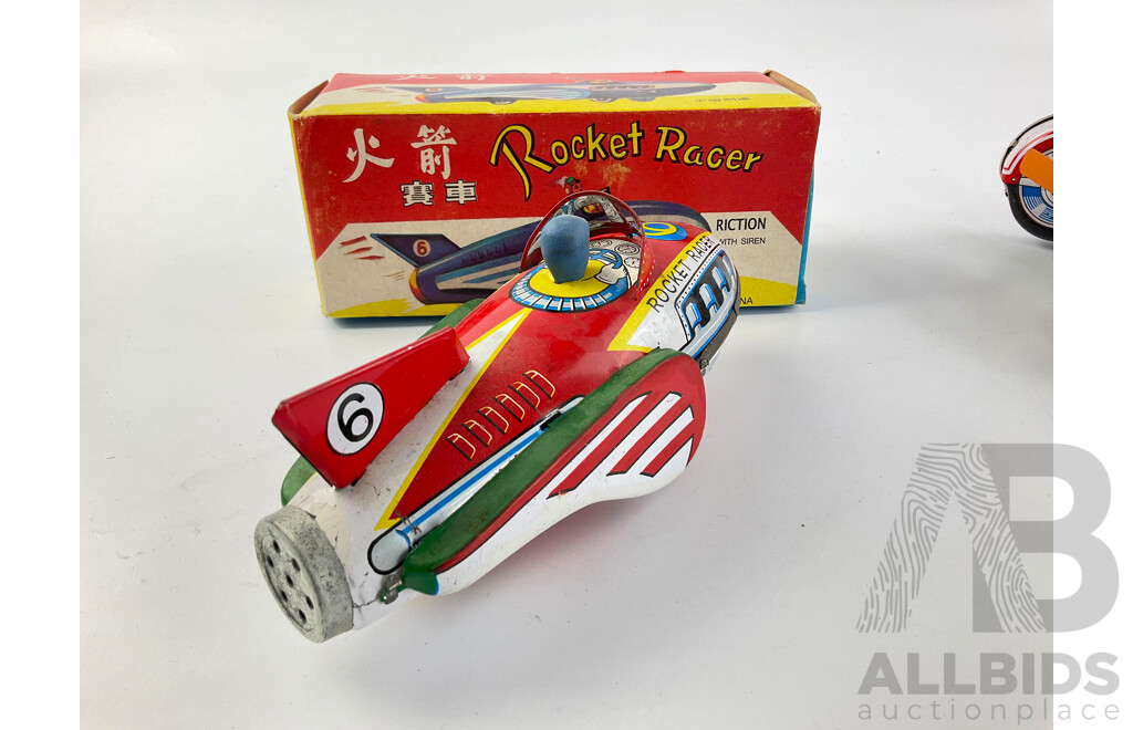 Three Vintage Pressed Steel Toys Including Rocket Racer, Clock Work Row Boat and Motorcycle with Original Boxes, Made in China