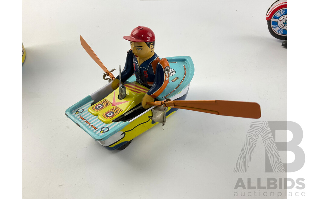 Three Vintage Pressed Steel Toys Including Rocket Racer, Clock Work Row Boat and Motorcycle with Original Boxes, Made in China