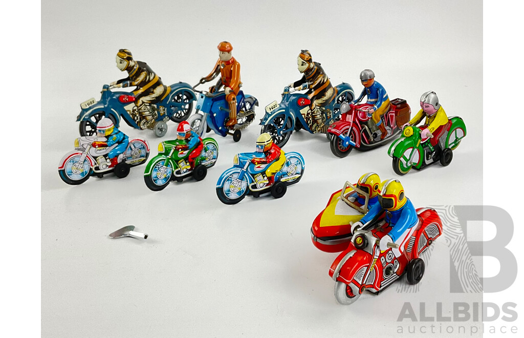 Collection of Vintage Pressed Steel Clock Work Toy Motorcycles