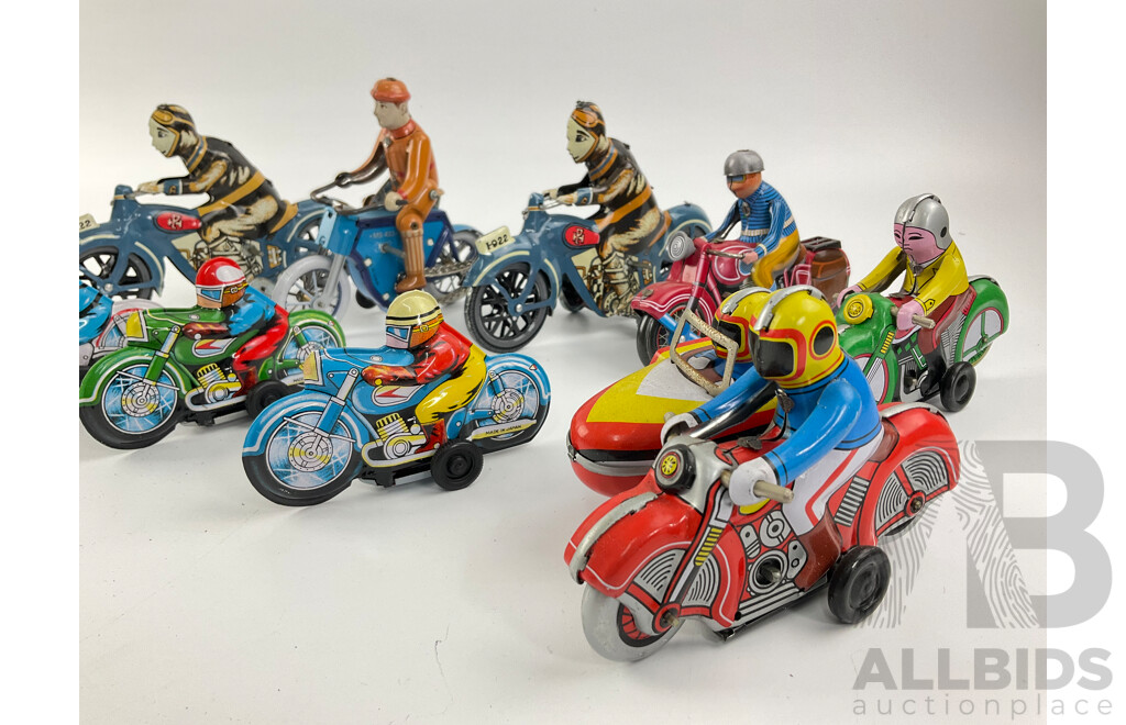 Collection of Vintage Pressed Steel Clock Work Toy Motorcycles