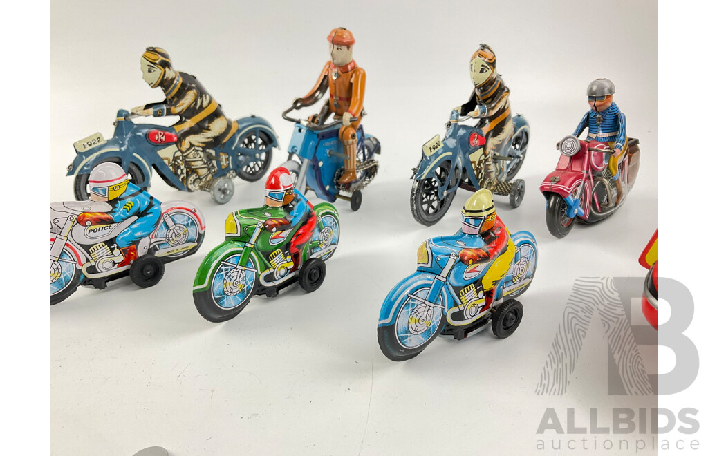 Collection of Vintage Pressed Steel Clock Work Toy Motorcycles