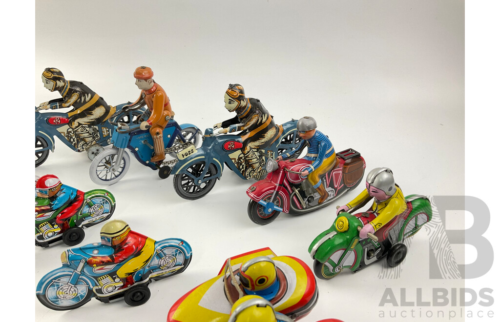 Collection of Vintage Pressed Steel Clock Work Toy Motorcycles