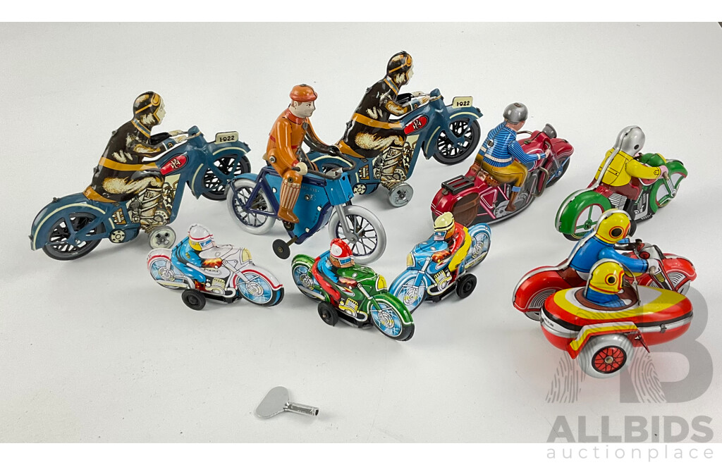 Collection of Vintage Pressed Steel Clock Work Toy Motorcycles