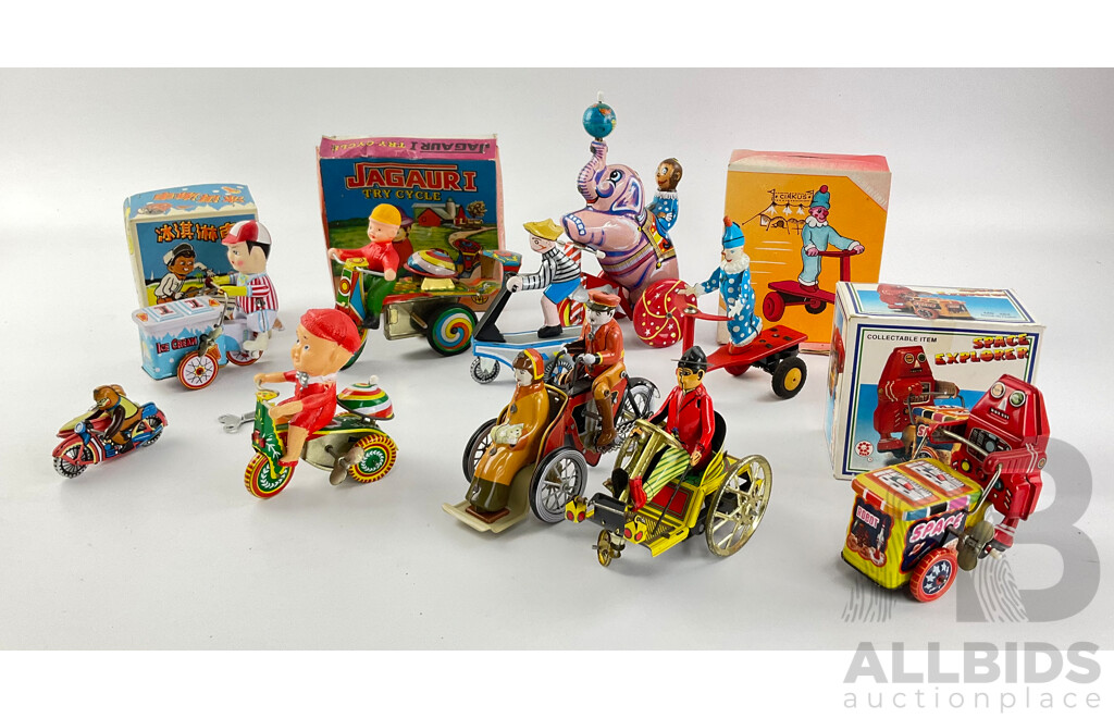 Collection of Vintage Pressed Steel Clock Work Circus Figures and Tricycles, Some with Original Boxes