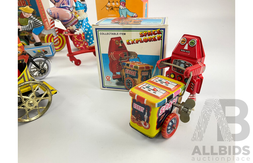 Collection of Vintage Pressed Steel Clock Work Circus Figures and Tricycles, Some with Original Boxes