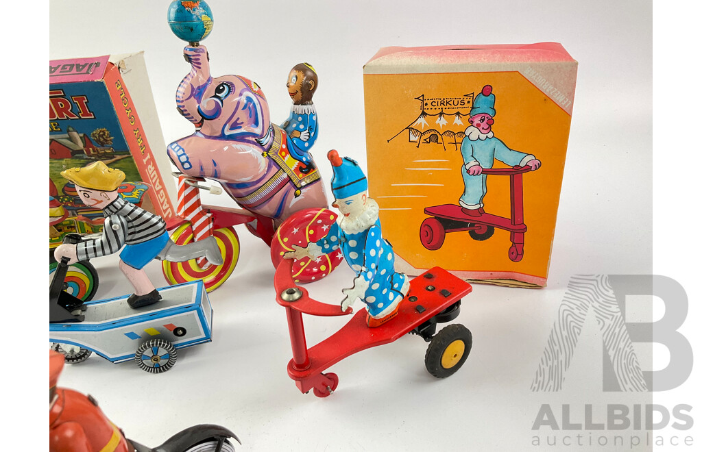 Collection of Vintage Pressed Steel Clock Work Circus Figures and Tricycles, Some with Original Boxes