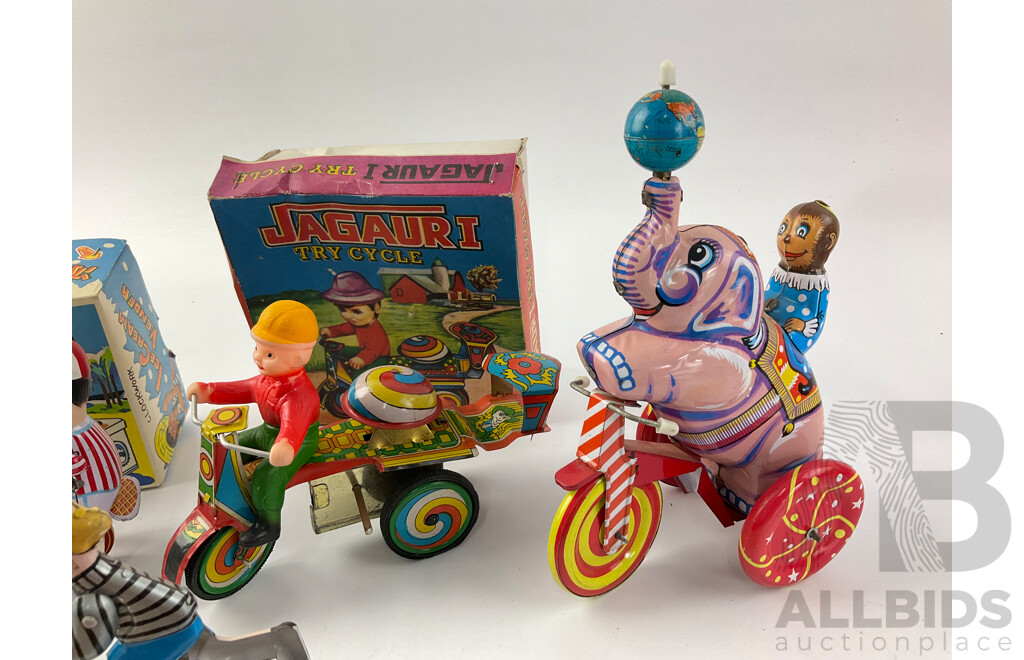 Collection of Vintage Pressed Steel Clock Work Circus Figures and Tricycles, Some with Original Boxes