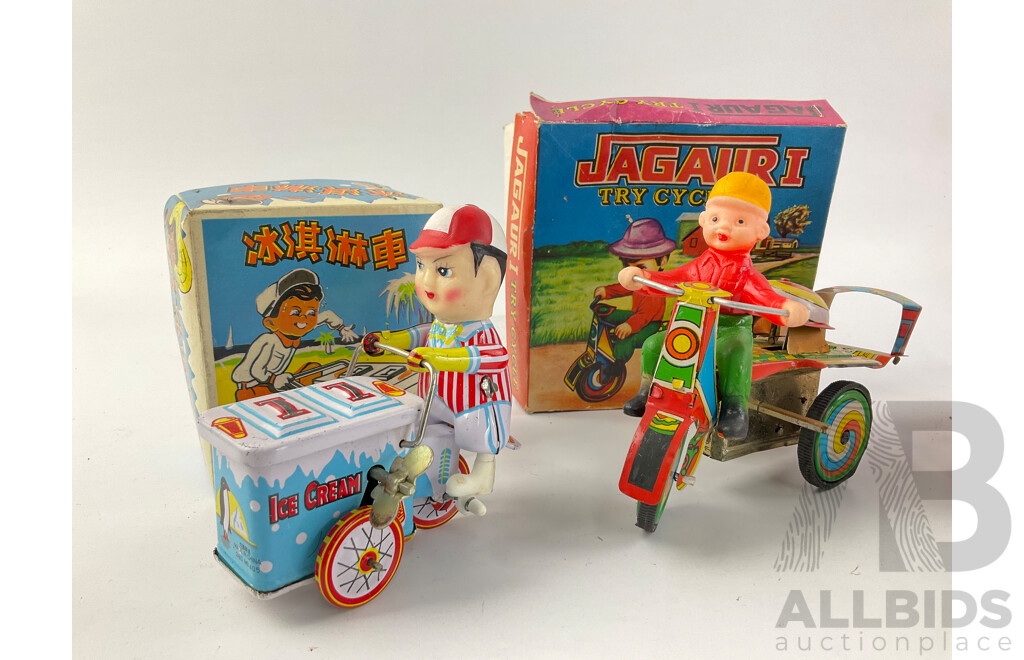 Collection of Vintage Pressed Steel Clock Work Circus Figures and Tricycles, Some with Original Boxes