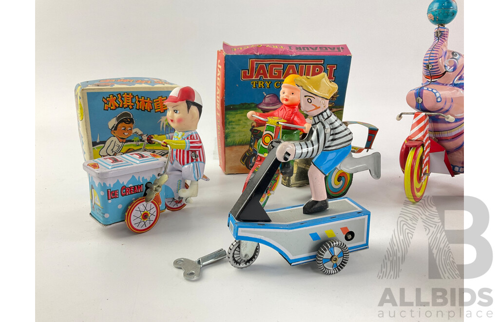 Collection of Vintage Pressed Steel Clock Work Circus Figures and Tricycles, Some with Original Boxes