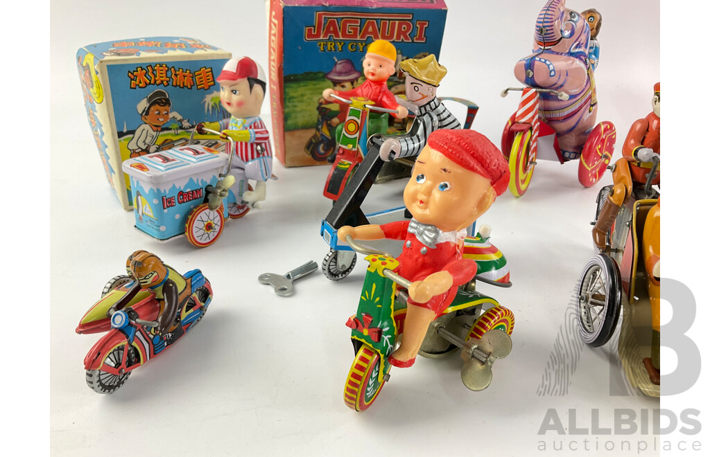 Collection of Vintage Pressed Steel Clock Work Circus Figures and Tricycles, Some with Original Boxes