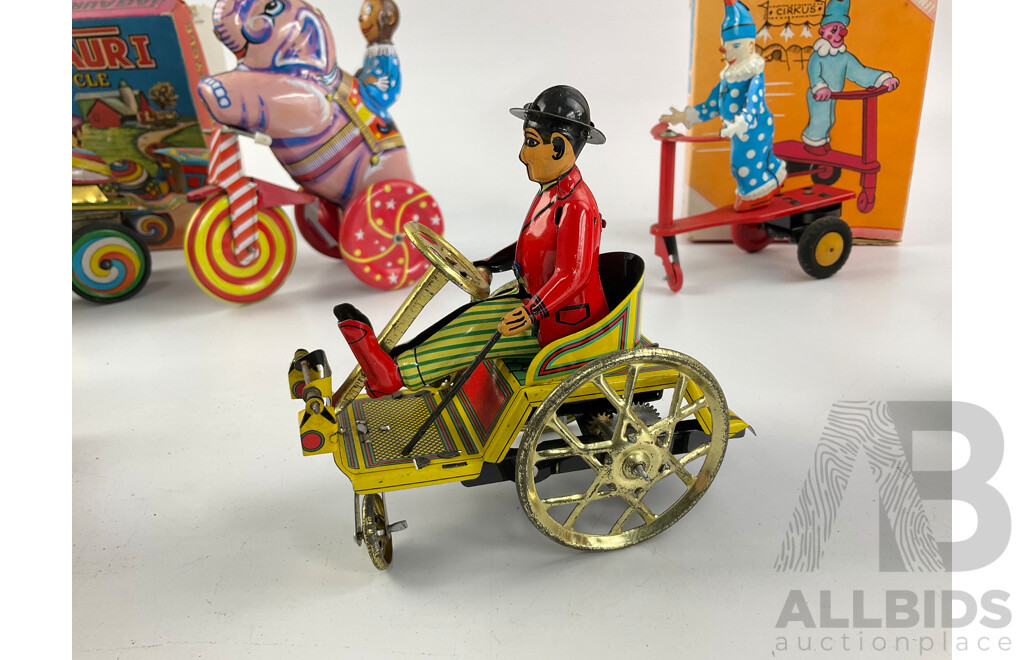 Collection of Vintage Pressed Steel Clock Work Circus Figures and Tricycles, Some with Original Boxes