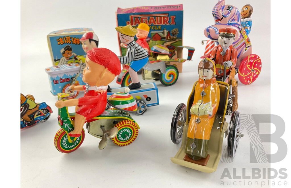 Collection of Vintage Pressed Steel Clock Work Circus Figures and Tricycles, Some with Original Boxes