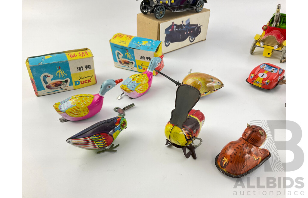 Collection of Vintage Pressed Steel Clock Work Animals and Vehicles, Some with Original Boxes