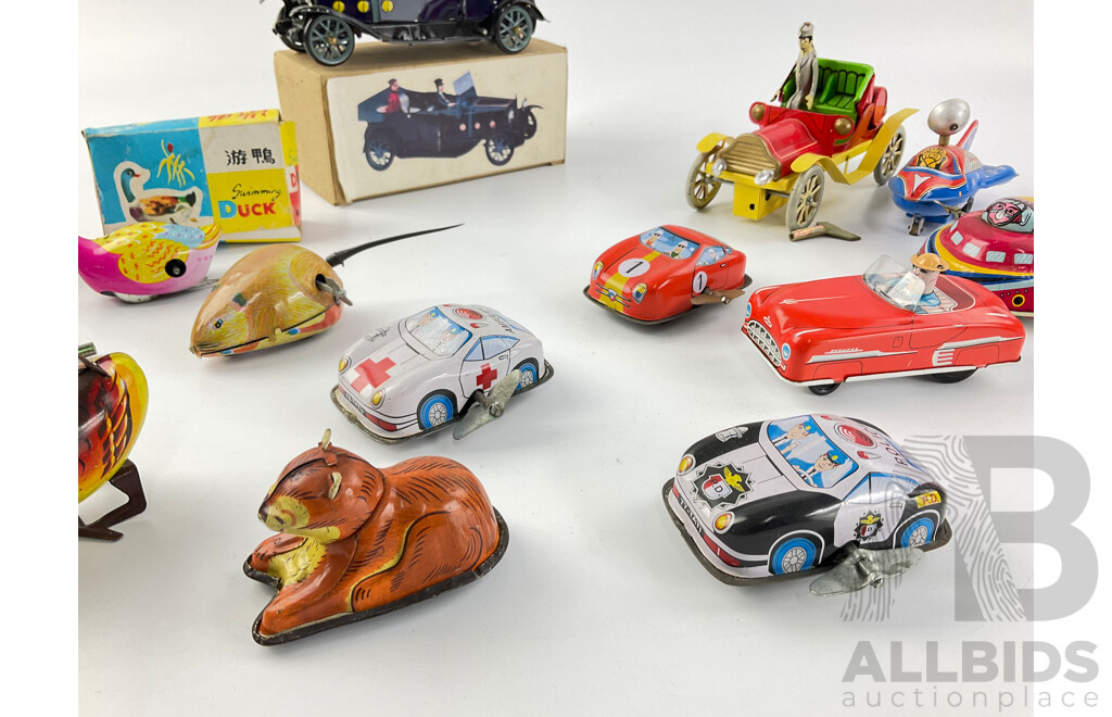 Collection of Vintage Pressed Steel Clock Work Animals and Vehicles, Some with Original Boxes