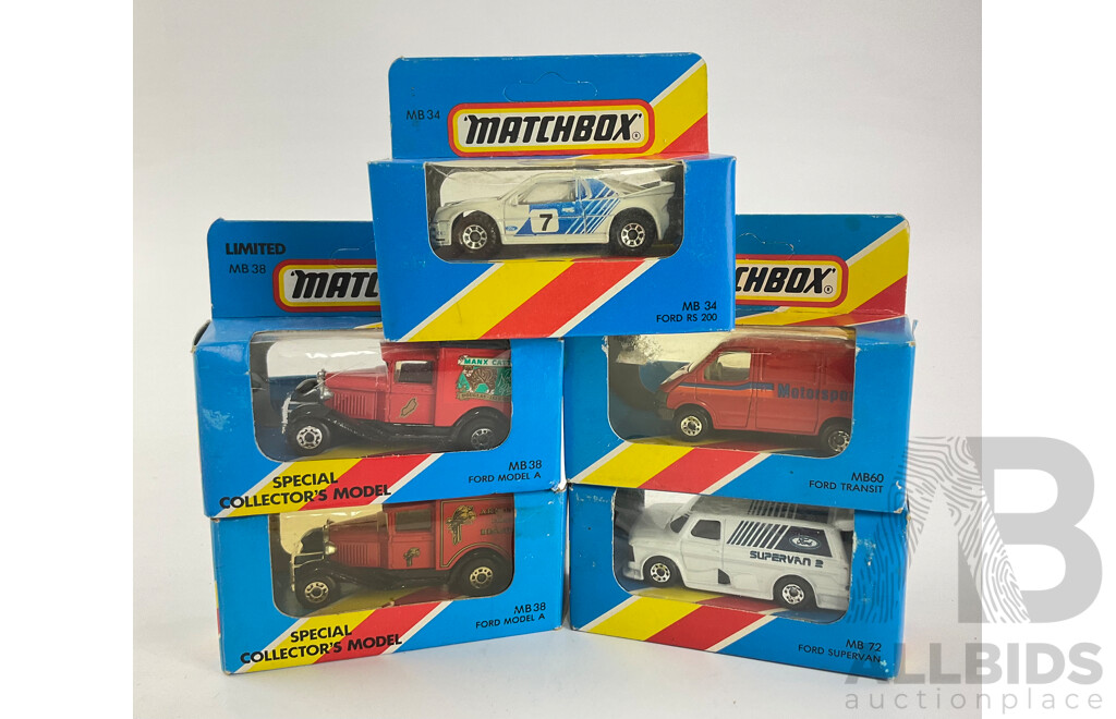 Five Boxed 1980's Matchbox Models Including Ford Model A, Ford Supervan, Ford Transit, Ford RS 200