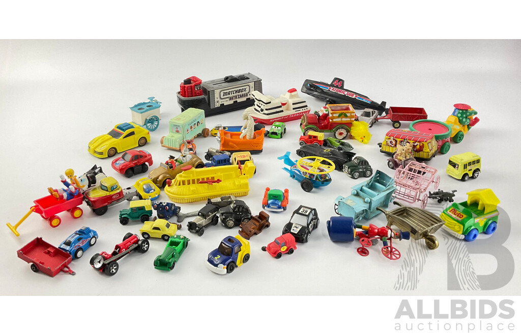 Collection of Diecast and Plastic Vehicles Including Matchbox Auto Cargo, Spirit of Tasmania, Cars, Trucks, Hovercrafts and More