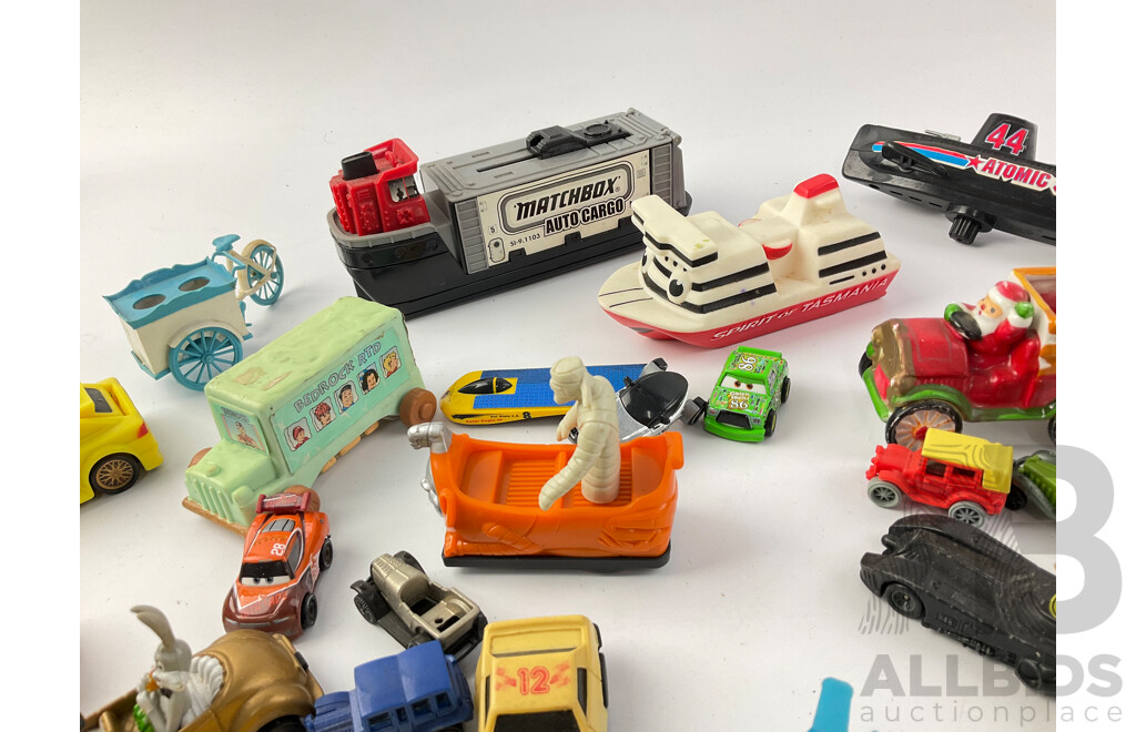 Collection of Diecast and Plastic Vehicles Including Matchbox Auto Cargo, Spirit of Tasmania, Cars, Trucks, Hovercrafts and More