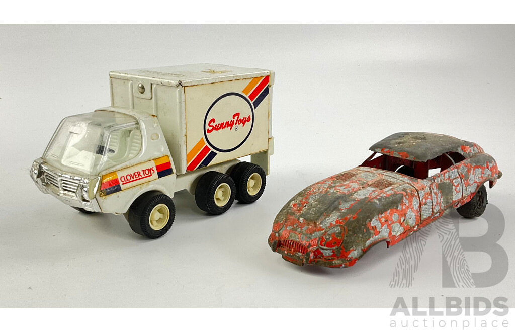 Vintage Clover Toys Pressed Steel Tipping Truck, Made in Korea and Lone Star Diecast Jaguar for Restoration