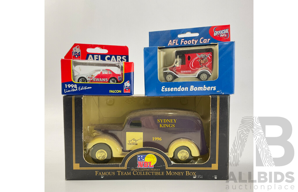 Vintage Ertl Diecast 1938 Chevy Sydney Kings Money Box with Ford Model T Essendon Bombers Van and Matchbox 1998 Falcon Swans Sedan