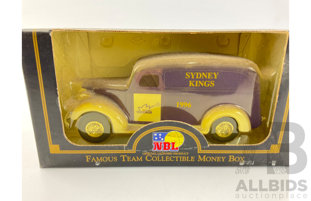 Vintage Ertl Diecast 1938 Chevy Sydney Kings Money Box with Ford Model T Essendon Bombers Van and Matchbox 1998 Falcon Swans Sedan