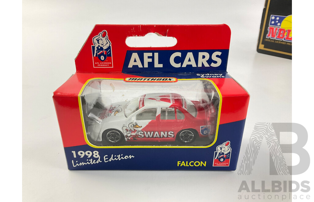 Vintage Ertl Diecast 1938 Chevy Sydney Kings Money Box with Ford Model T Essendon Bombers Van and Matchbox 1998 Falcon Swans Sedan