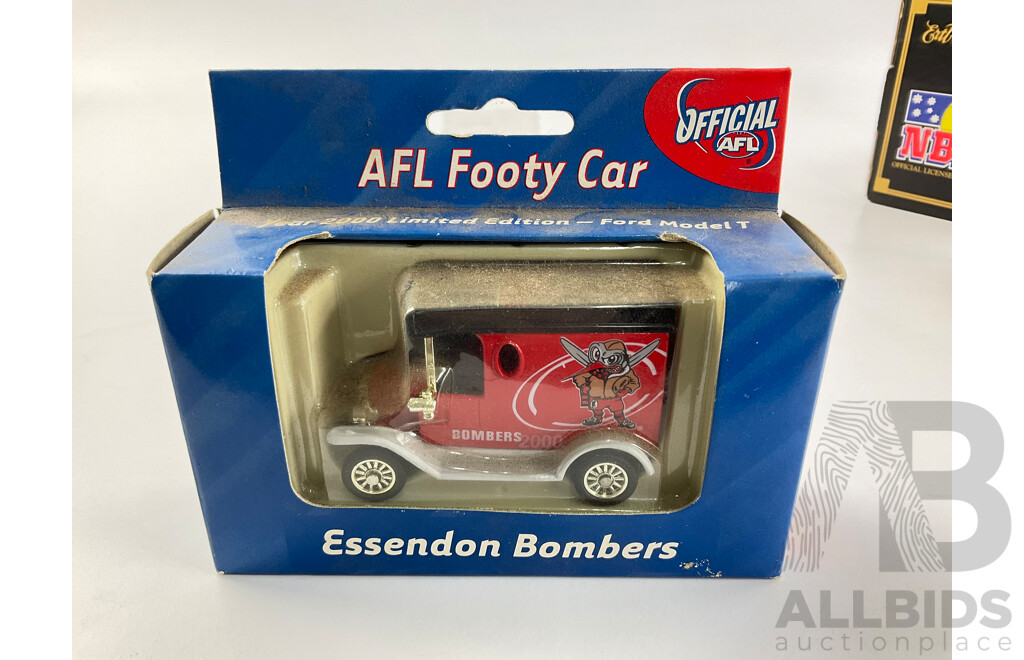 Vintage Ertl Diecast 1938 Chevy Sydney Kings Money Box with Ford Model T Essendon Bombers Van and Matchbox 1998 Falcon Swans Sedan