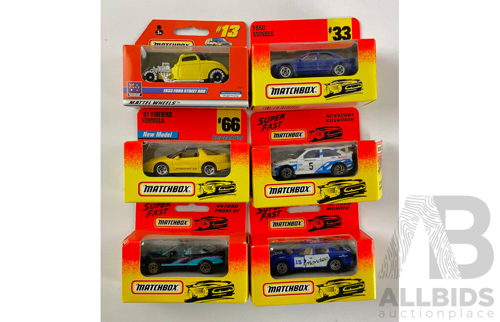 Six Boxed 1990's Matchbox Models Including Ford Modeo, 52 Escort Cosworth, Ford Probe GT, 97 Firebird Formula, 1933 Ford Street Rod