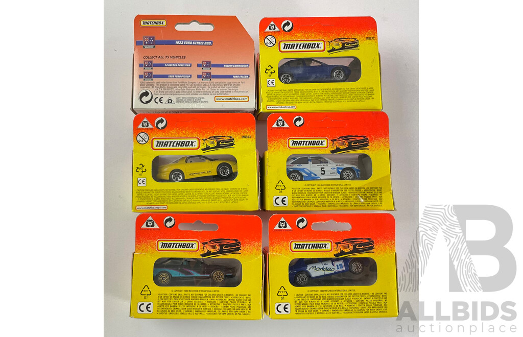 Six Boxed 1990's Matchbox Models Including Ford Modeo, 52 Escort Cosworth, Ford Probe GT, 97 Firebird Formula, 1933 Ford Street Rod