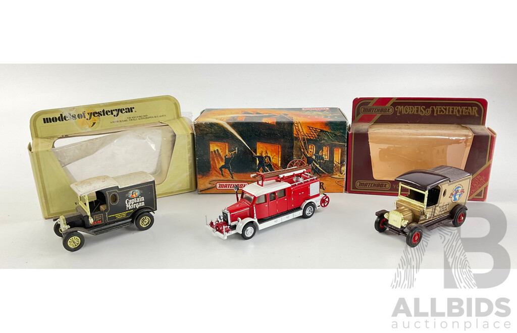 Three Vintage Matchbox Models of Yesteryear Diecast Vehicles Including 1938 Mercedes KS15 Fire Truck, Two 1912 Ford Model T