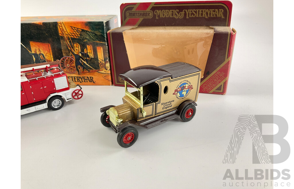 Three Vintage Matchbox Models of Yesteryear Diecast Vehicles Including 1938 Mercedes KS15 Fire Truck, Two 1912 Ford Model T