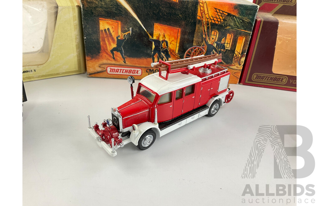 Three Vintage Matchbox Models of Yesteryear Diecast Vehicles Including 1938 Mercedes KS15 Fire Truck, Two 1912 Ford Model T